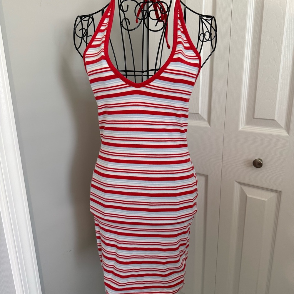 Red and White Striped Halter Dress, XS